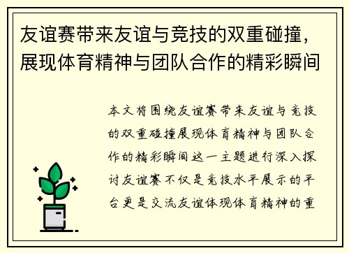 友谊赛带来友谊与竞技的双重碰撞，展现体育精神与团队合作的精彩瞬间